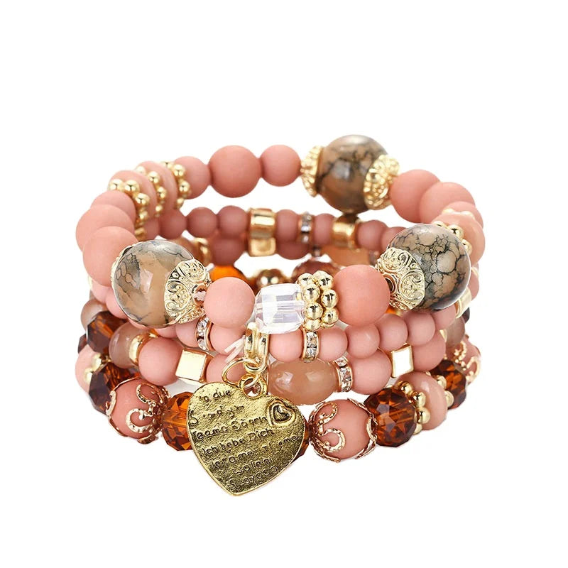 Bohemian Style Colorful Multi-layer Elastic Rope Heart Bracelet Beaded Women Bracelets Bangles Jewelry