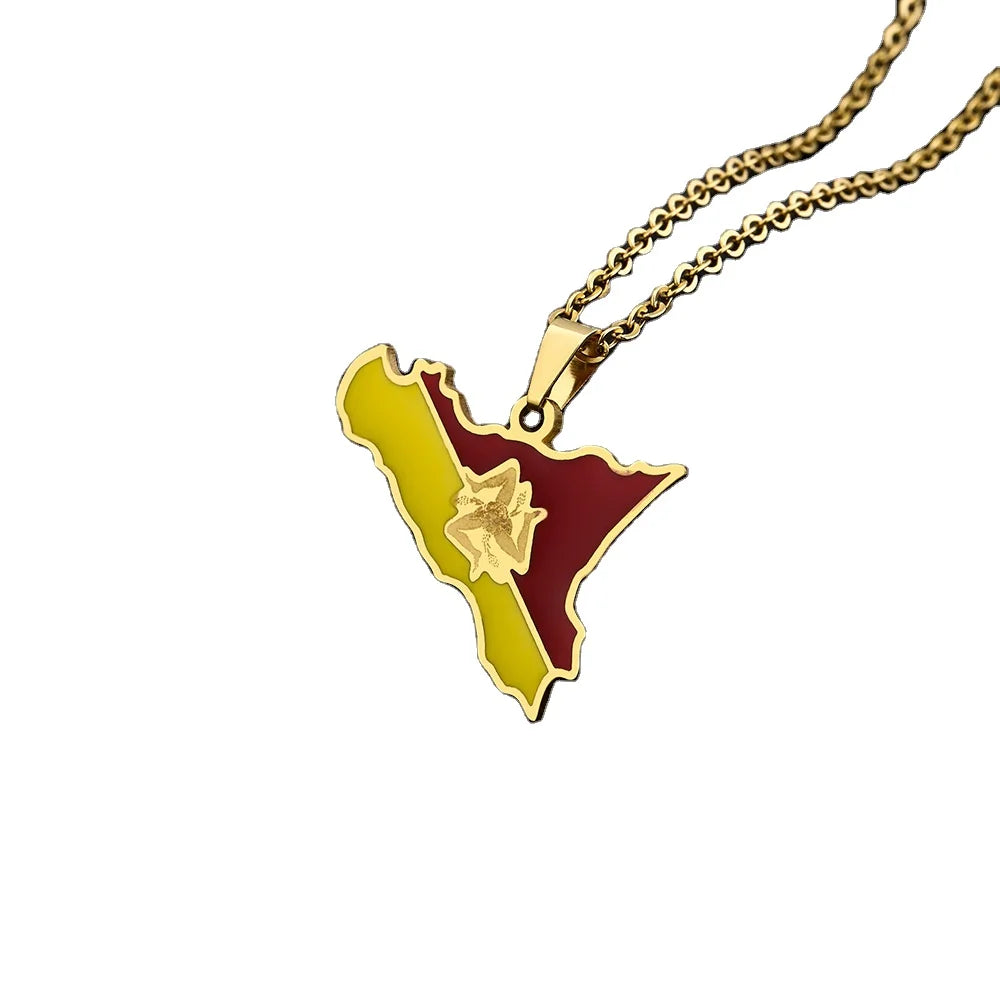 BINSHUO Wholesale Custom Stainless Steel Jewelry Drop Oil Italy Sicily Map Flag Couples Charm Men Pendant Necklace for Women