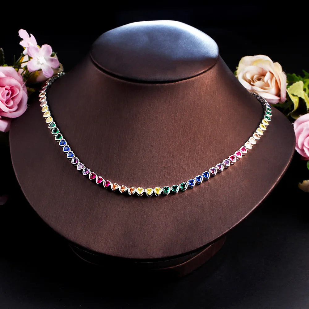 Gold Plated Multicolor Rainbow Heart Shaped Shine Cubic Zirconia Wedding Party Tennis Necklace for Women Friend Jewelry Gift