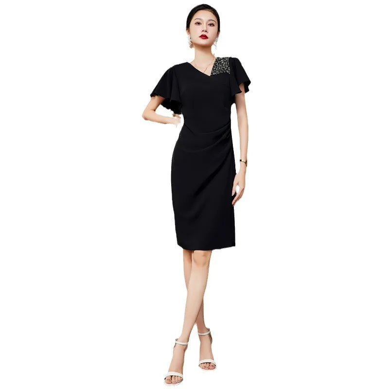 2025 Women's Summer Elegant Mid-Length Korean Style Casual Dress Oblique Diamond Collar New XL Size Solid Plain Dyed Natural