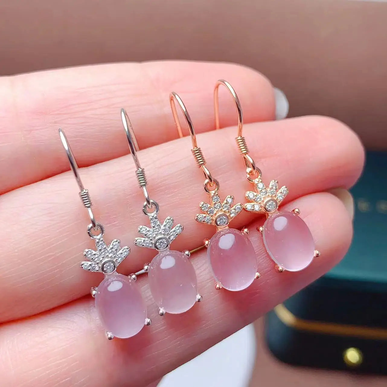 Fashion Classic Stud Earrings with Crystal Rhinestone and Natural Pink Rose Quartz 925 Silver for Women's Wedding & Party Gift