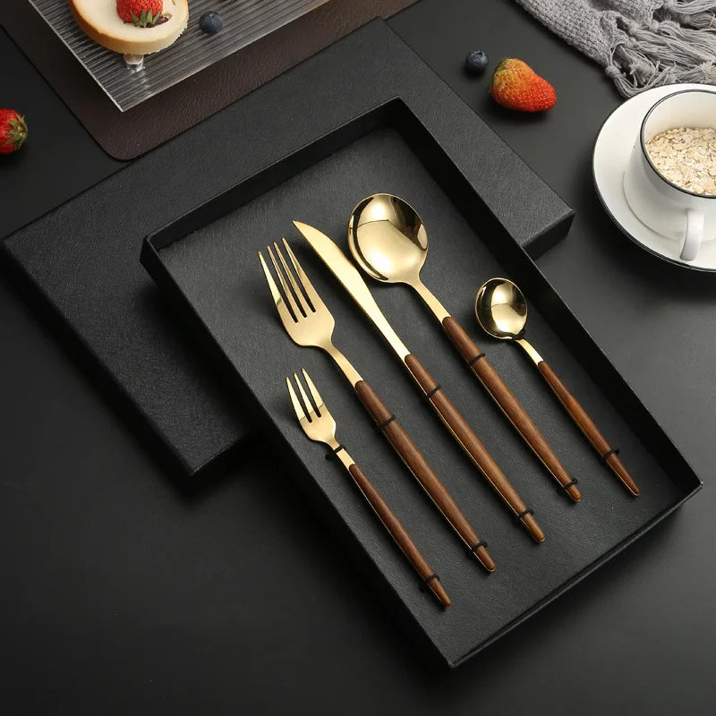 Wooden Handle Luxury Stainless Steel Wedding Cutlery Set with Knife Fork Spoon Gold Finish Eco-Friendly