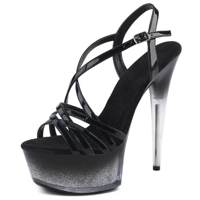 Black 15cm pole dance T-stage model walk show high heels platform Club belt women's buckle large sandals