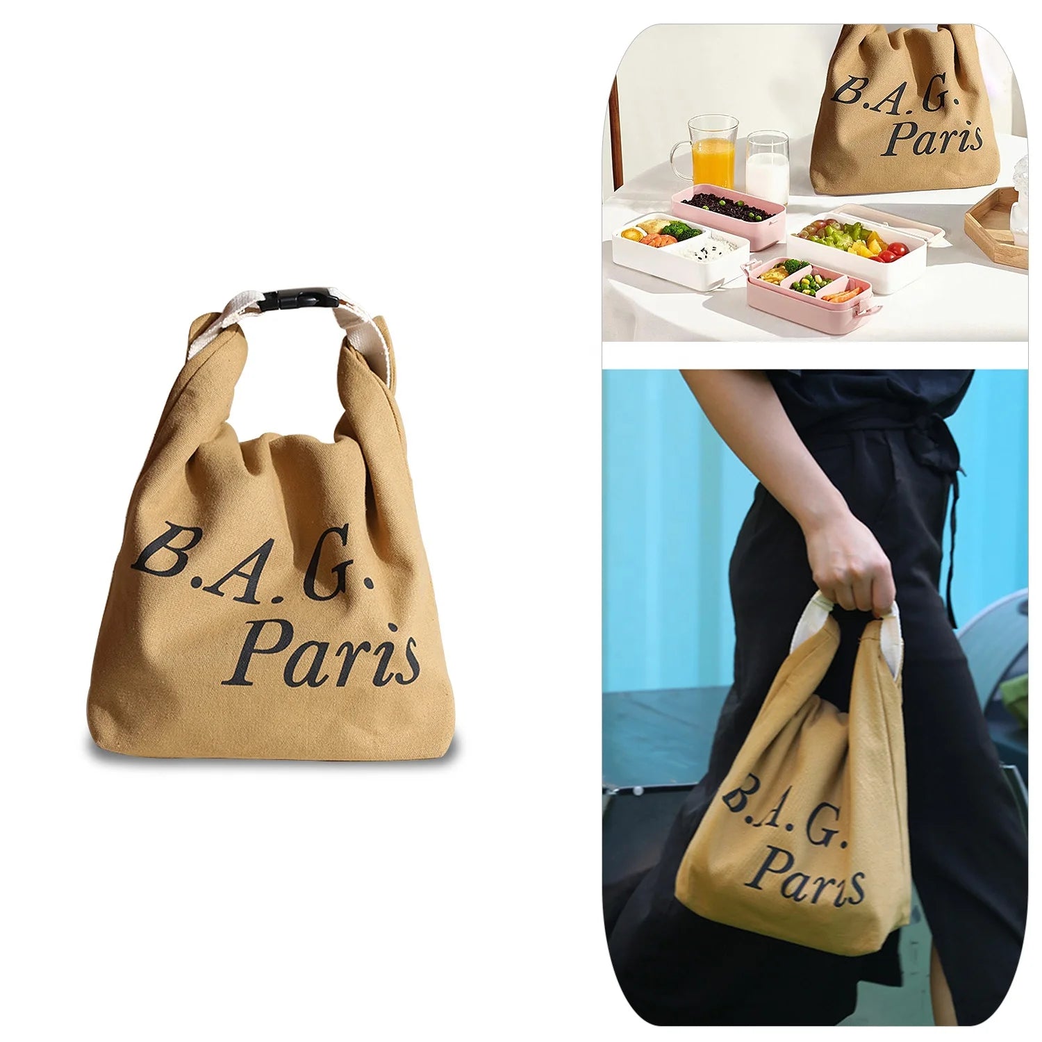 Custom Print Insulated Foldable Cotton Canvas Bento Lunch Bag Picnic Bag