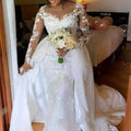 S8217F African Elegant Mermaid Beaded Lace Appliques Plus Size Gowns With Detachable Tail Lace White Wedding Dress