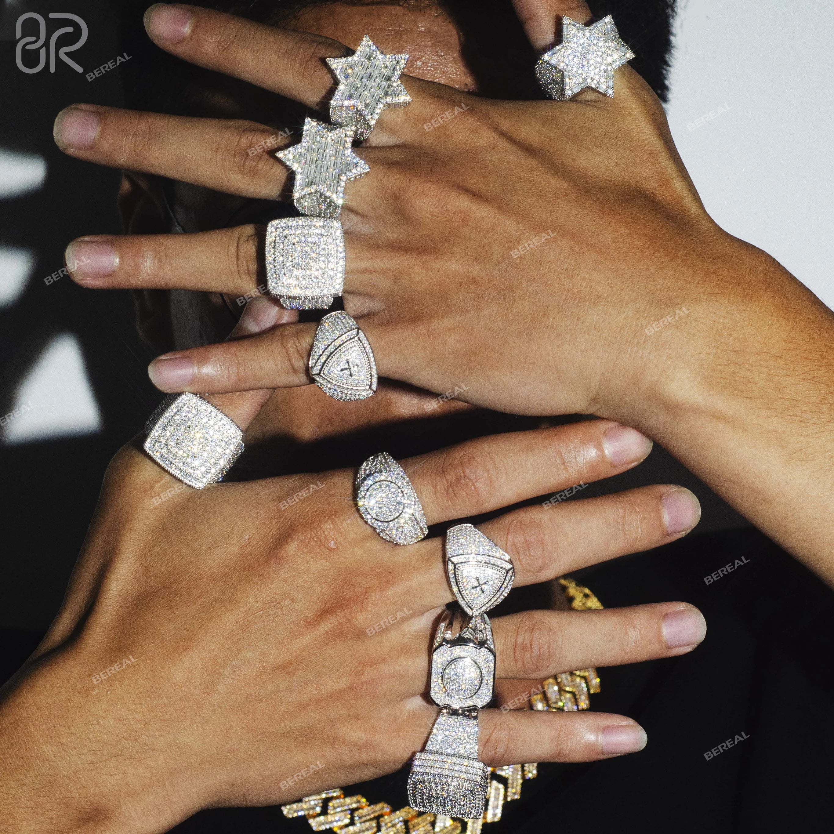 Fast Delivery Gold Plated Moissanite Hip Hop Ring Ice Out Baguette Cut Vvs Moissanite 925 Silver Fine Jewelry Rings
