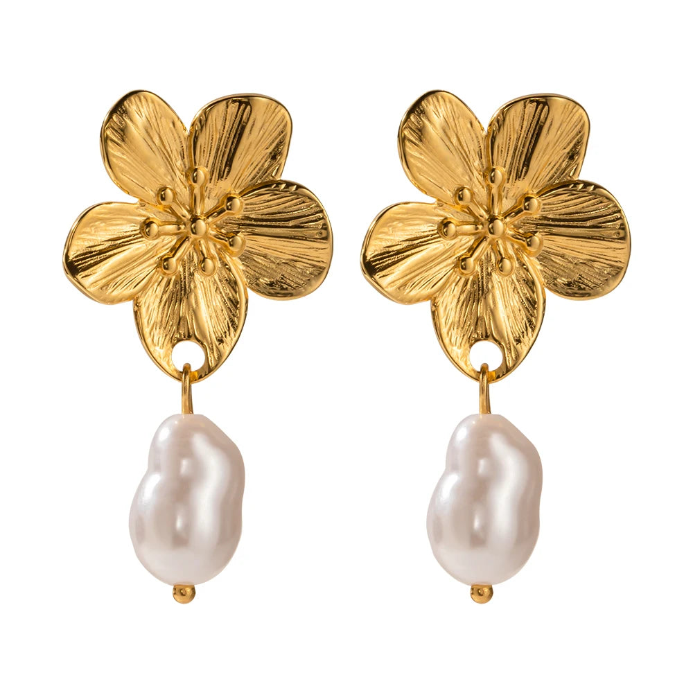 J&D Design Flower Pearl Pendant Earring 18k Stainless Steel Gold Plated Baroque Pearl Delicate Design Drop Earring