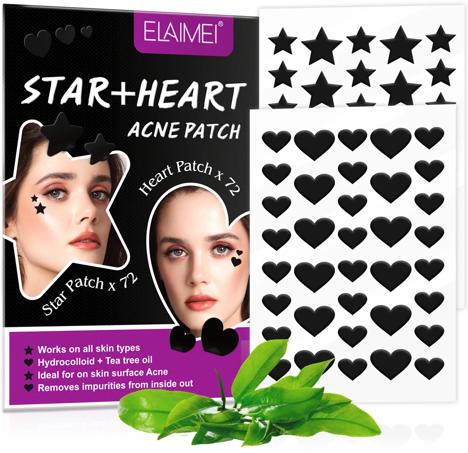 ELAIMEI 144 Pieces Star Heart Shape Tea Tree Acne Patch Sheet OEM Nighttime Hydrocolloid Acne Removal Patch