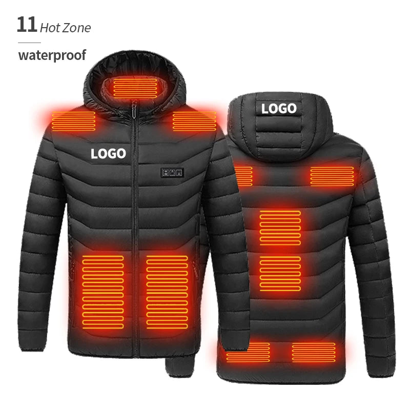 11 Zones Electric Heated Clothing Waterproof Rechargeable Heated Hoodies Custom logo Self Heating Jacket for Winter