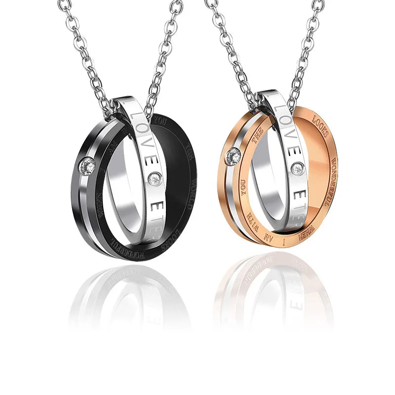 Stainless Steel Women Couple Gift Set Rose Gold Black Couple Ring Necklace for Lover