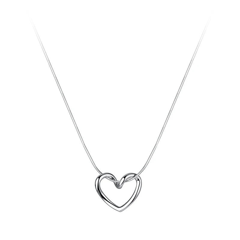 In-Stock New Hollow Glossy Heart Pendant Necklace Women 925 Sterling Silver Love Heart Snake Chain Necklace Jewelry