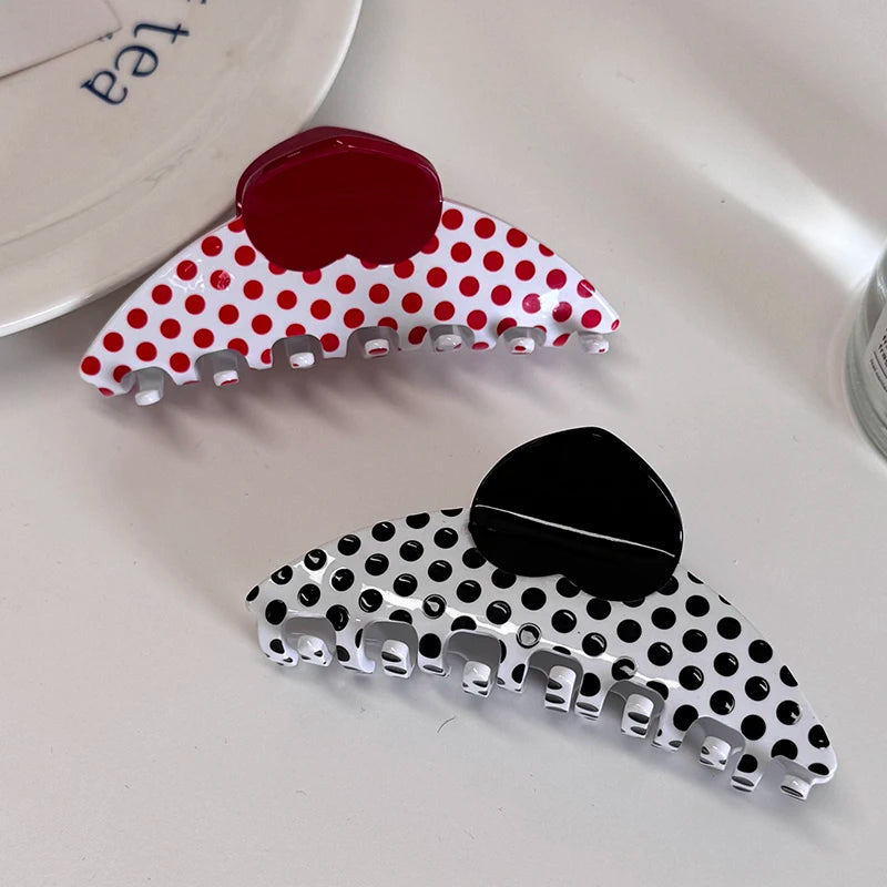 Small Fragrance Hair Claw Clip with Black White Red Peach Heart Print Pattern Polka Dot Color Blocking Made of Acetate