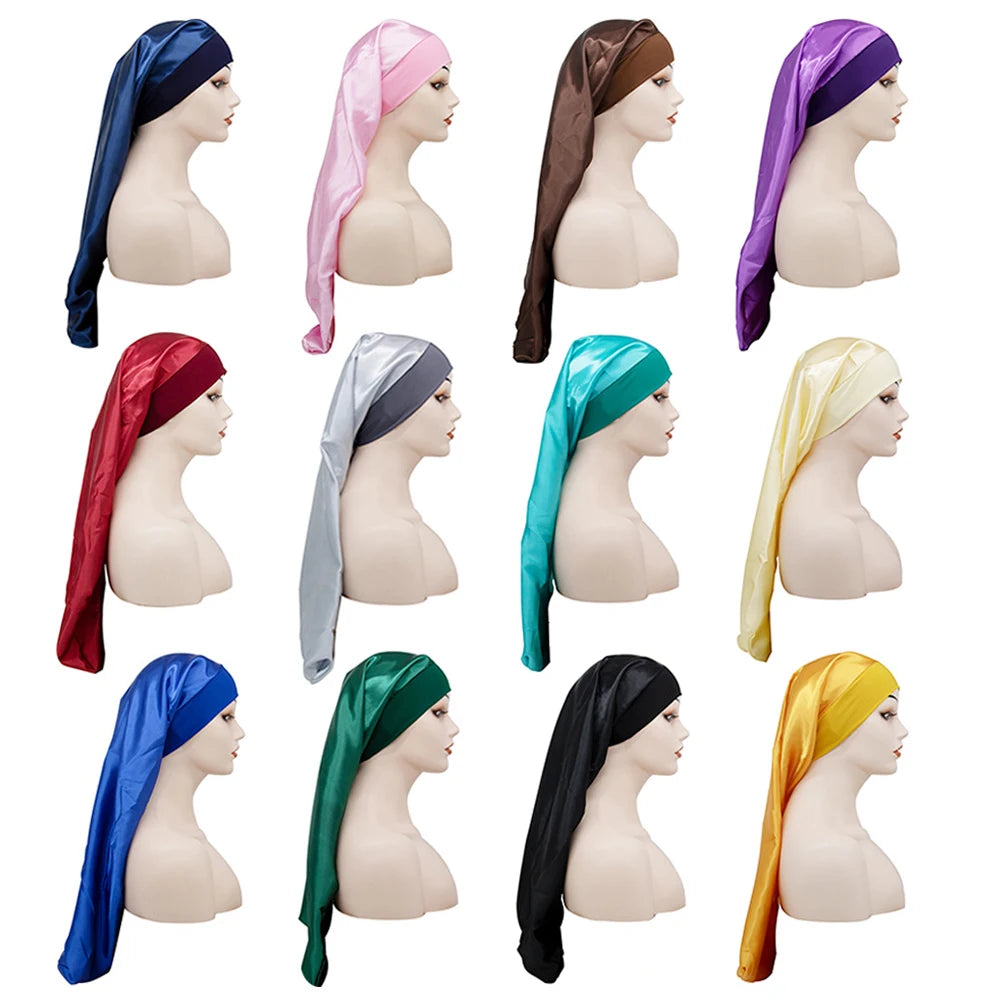 Long Tail Soft Satin Silky Custom Logo Bonnet Night Sleep Long Hair Polyester Cap Headwrap Large Elastic Band Daily Four Seasons