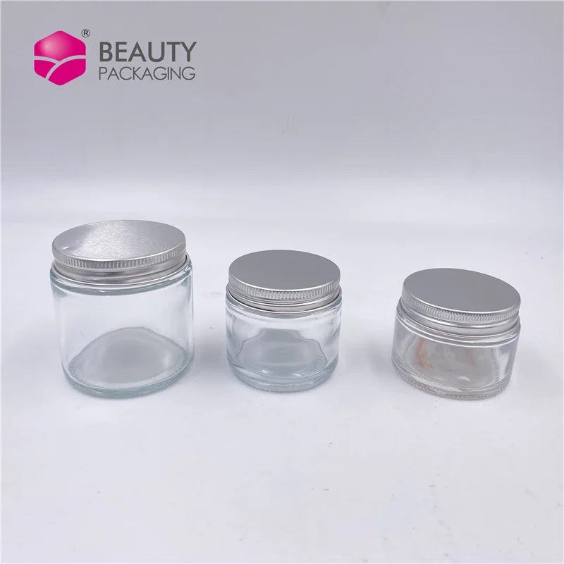 Empty Recycled Skin Care Cream 30g 50g 60g Straight Side Clear Glass Jar with Silver Aluminium Screw  Lid