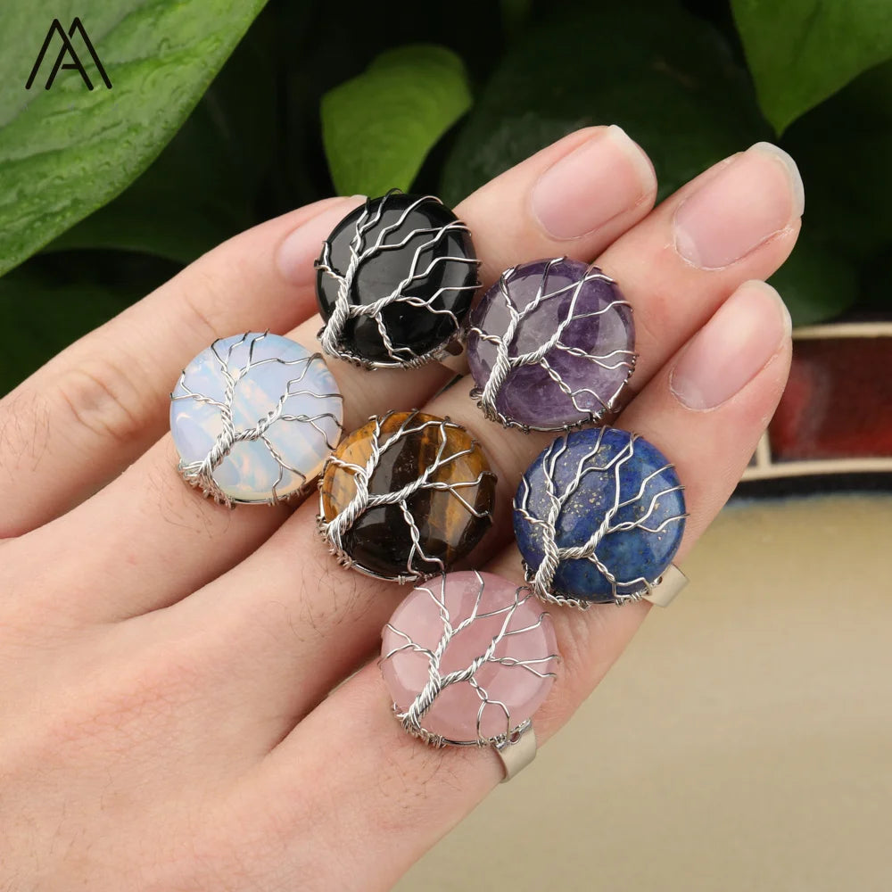 Tree of Life Stone Rings  Silver  Round Coin Cabochon Bead  Open Resizable Band Ring