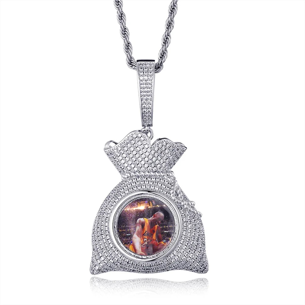 Hip Hop Customized 18K Gold Plated Iced Out Money Bag Picture Pendant Creative DIY Silver Purse Modeling Necklace Photo Pendants