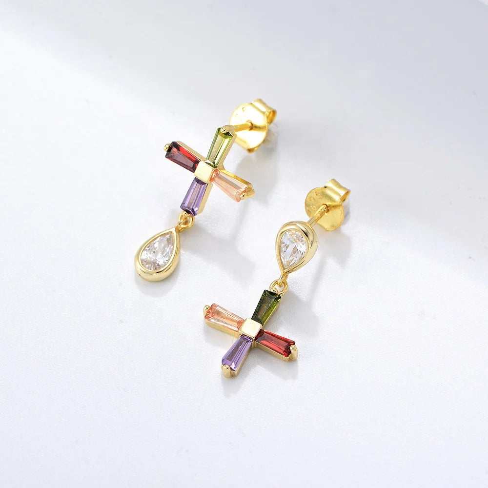 14k Gold Plated Dangle Earrings Trendy 925 Pear Cz Colorful Cross Silver Stud Earrings