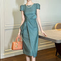 ZYHT 21299 Wholesale Summer Solid Women's Formal Straight Dress Short Sleeve Elegant Midi Party Dinner Dress