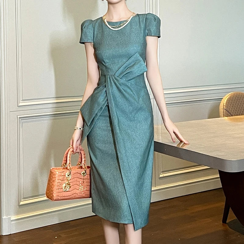 ZYHT 21299 Wholesale Summer Solid Women's Formal Straight Dress Short Sleeve Elegant Midi Party Dinner Dress
