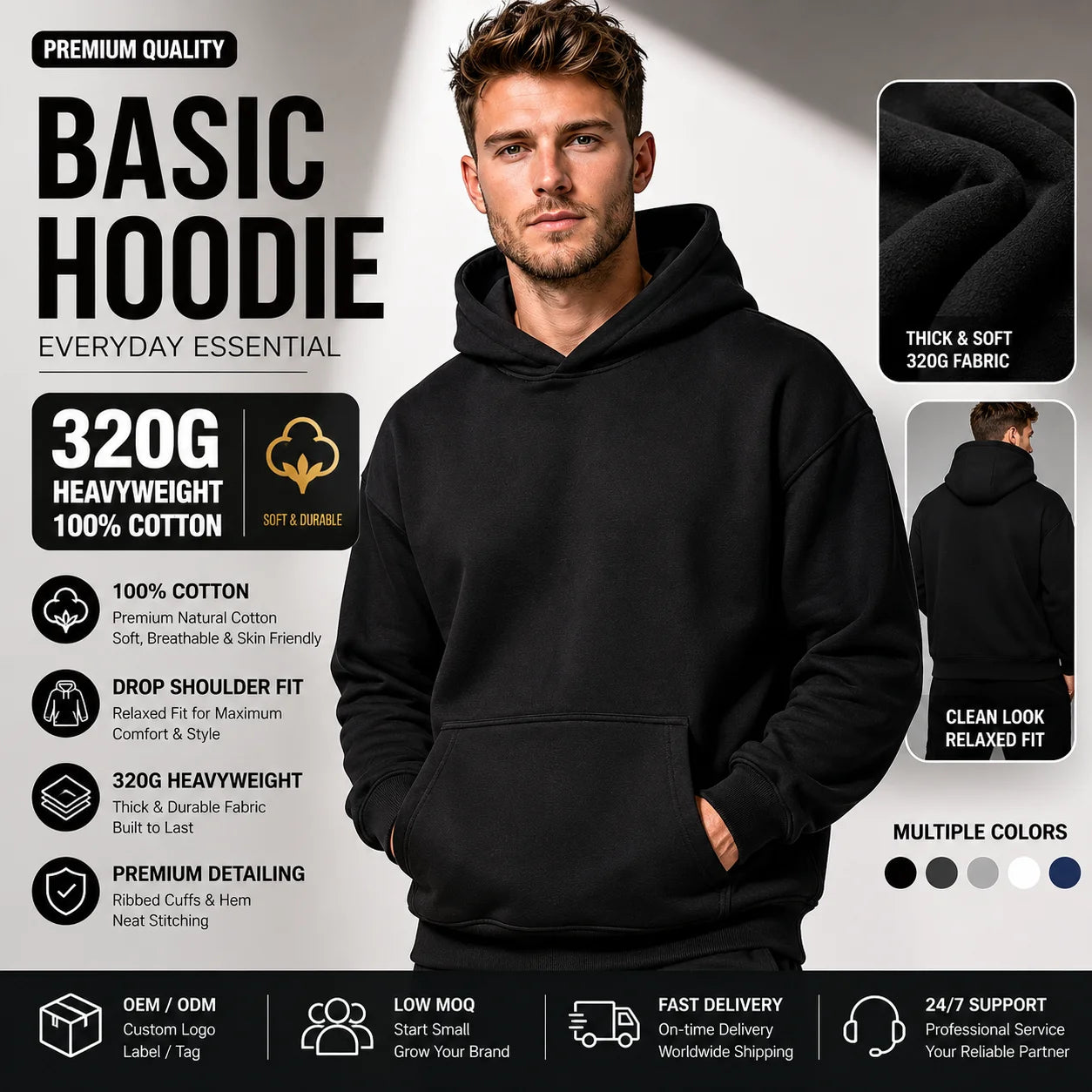 High Quality Fashion Hoodie for Men Customized French Terry No String Hood Olive Green White Print 400 Gsm Cotton Comfortable