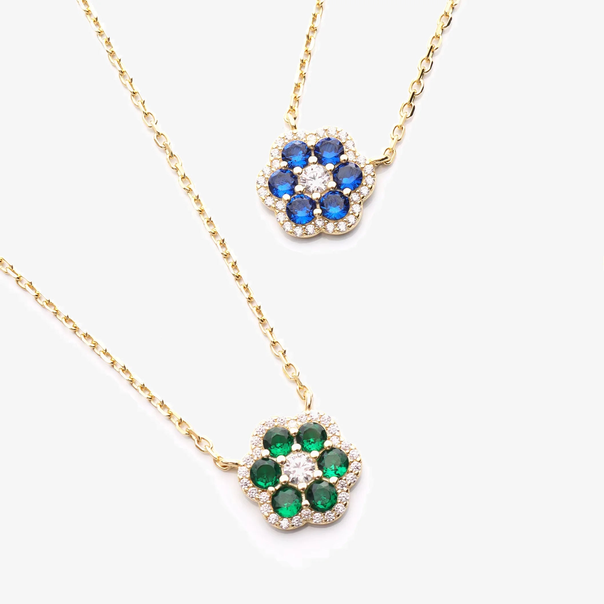 Ruby Sapphire Emerald CZ Flower Pendant 14K 18K Gold Plated Women 925 Sterling Silver Jewelry Necklace