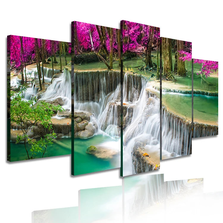 Beautiful Natural Scenery Acrylic Painting Hd Print Poster 5 Piece Decorative Canvas Waterfall Wall Art Landscape Painting