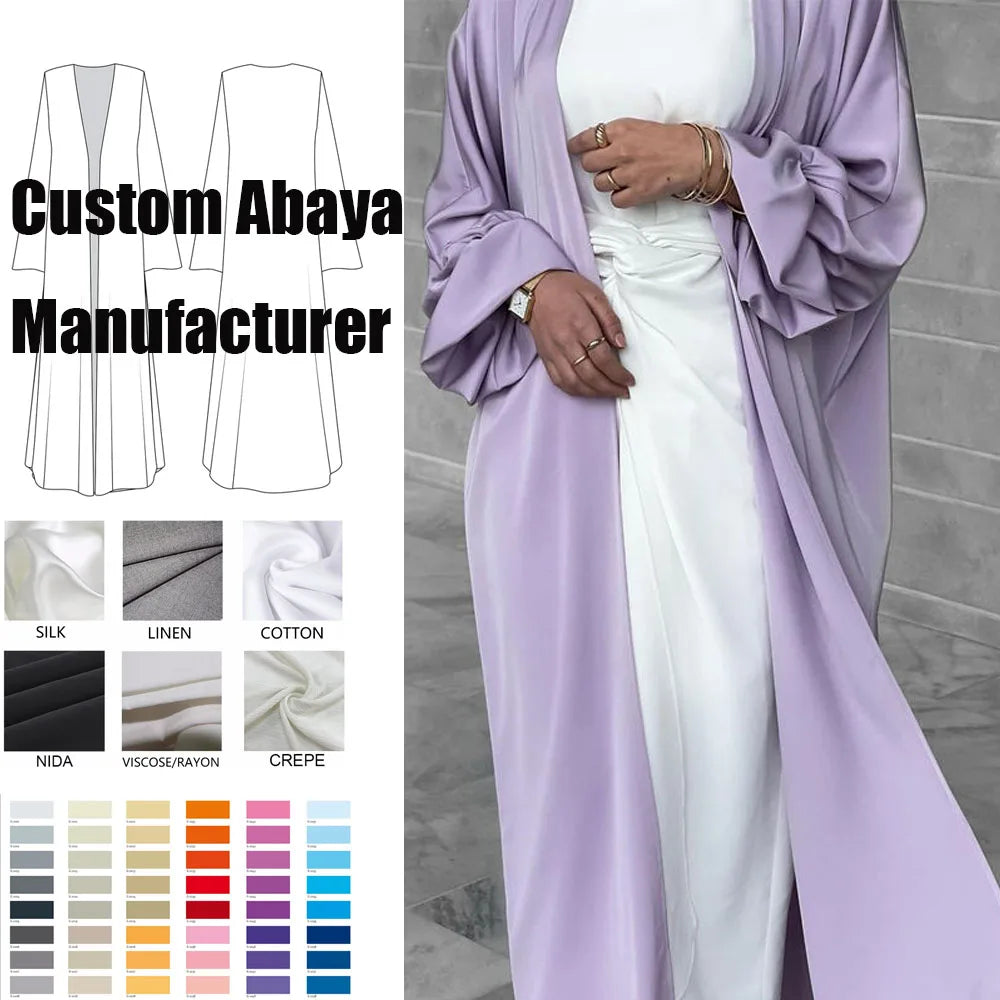 Custom Luxury Satin Abaya Silky Modest Dress Elegant Eid Kimono Islamic Clothing Cardigan Muslim Women Butterfly Open Abaya