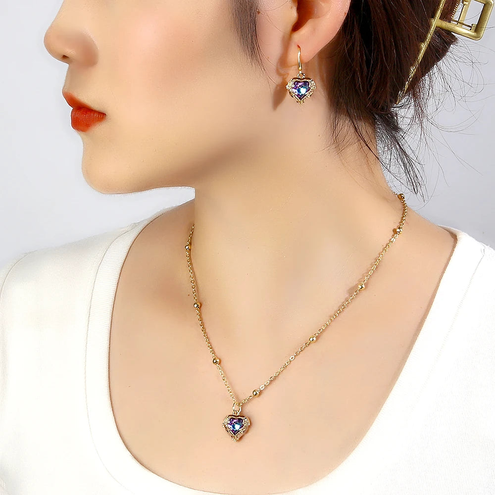 Ocean Heart Valentine Mother's Day Gift Set Box Women Shiny Glass Rhinestone Heart Charm Choker Necklace Earring Jewelry Set