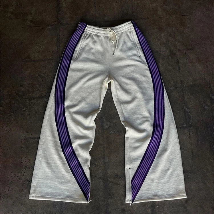 Custom Men Heavyweight Knit Wide Leg Sweatpants Elastic Waist Drawstring Curved Side Stripes Zipper Pockets With Side Zip Cuffs