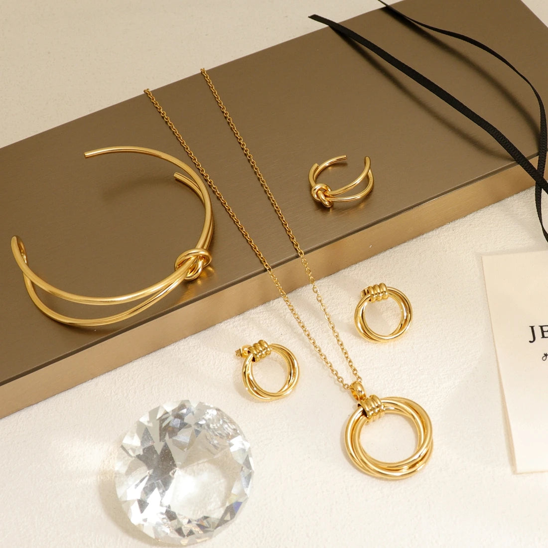 Classic Gold Four Leaf Clover Chain Pendant and Earring Set with Zircon Including Stainless Steel Bracelet and Necklace