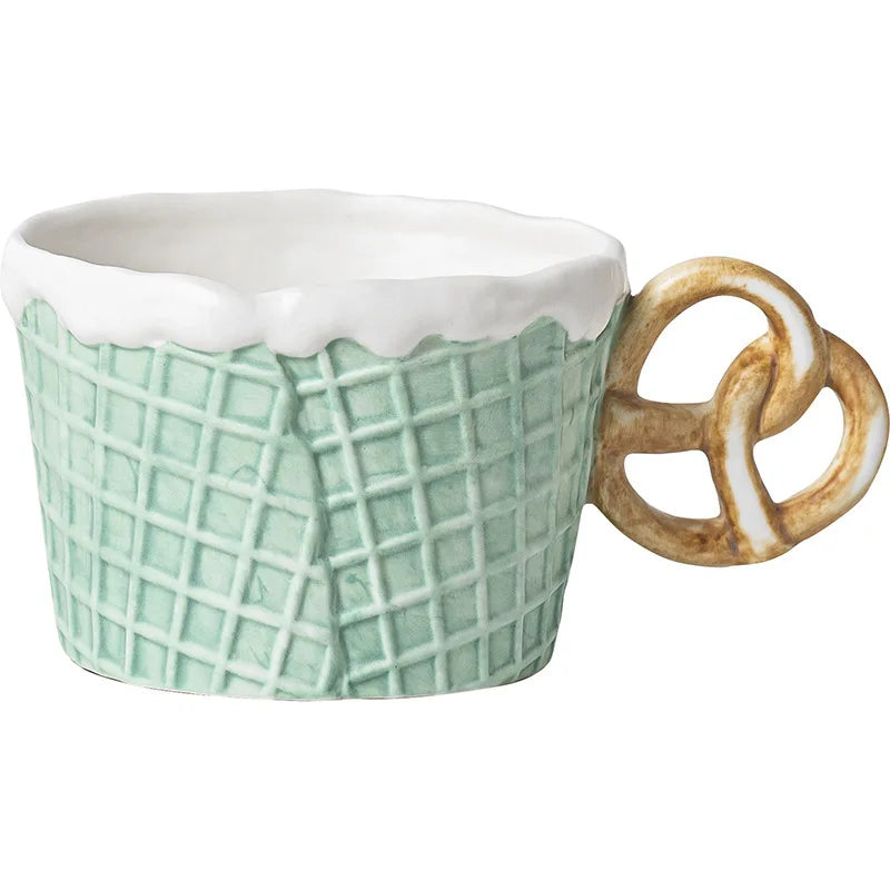 Madou Cute Hand-Painted Cone Cookie Ceramic Cup Personalized High-Looking Coffee or Milk Cup with Tray for Breakfast