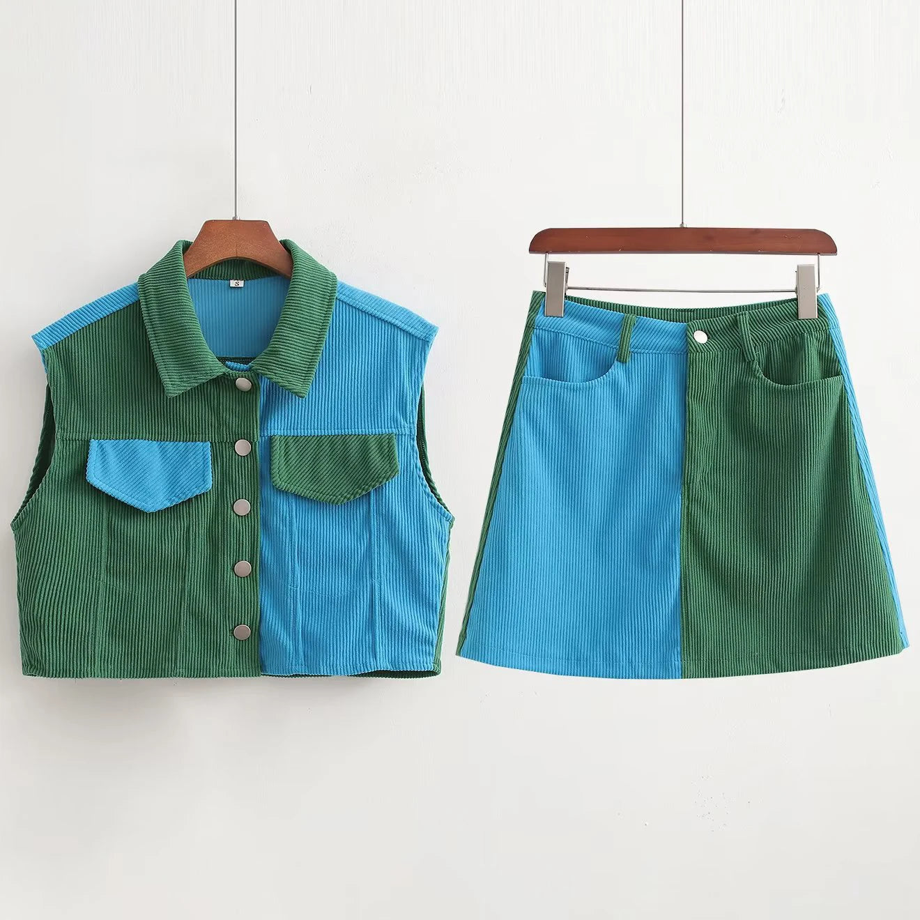 Hot Sale Products Two Pieces Sets for Women Corduroy Fabric Sleeveless Button Top Short Skirts Patchwork Suits for Women
