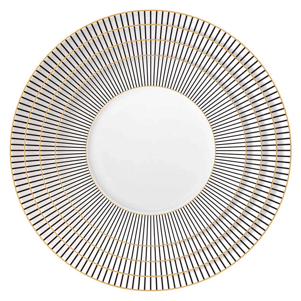 Black Line Pattern Gold Edge Luxury Dinnerware White Bone China Plate Vintage Modern Style Dining Setting for Hotels