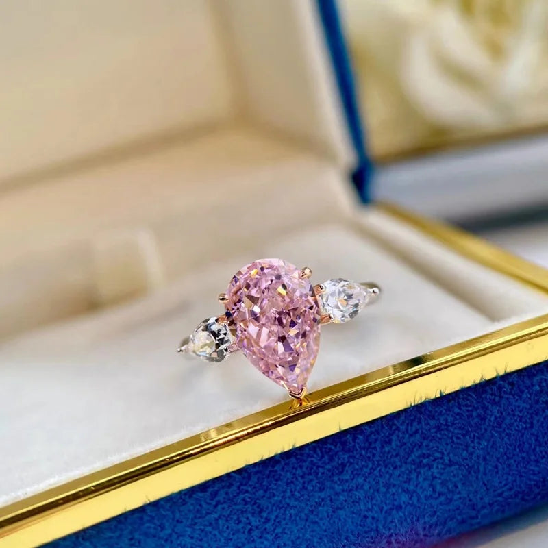 Trendy 925 Sterling Silver Engagement Rings Water Drop Design 4ct Pink Zircon High Carbon Iced Flower Pear Wedding Party