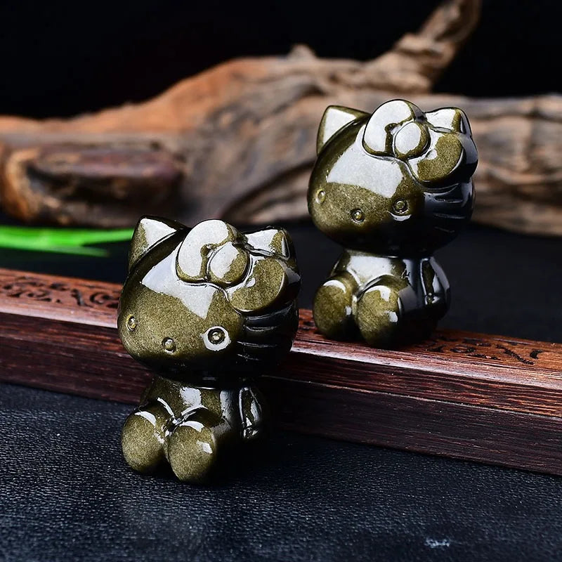 Natural Obsidian Kitty Cat Figurine Crystal Rough Stone Carving for Home Living Room Desktop Decoration Raw Technique
