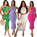 STOCK 4Colors High Neck Hollow Out Two Pieces Clothing Set Lace up Back Crochet Dress Beach CoverUp