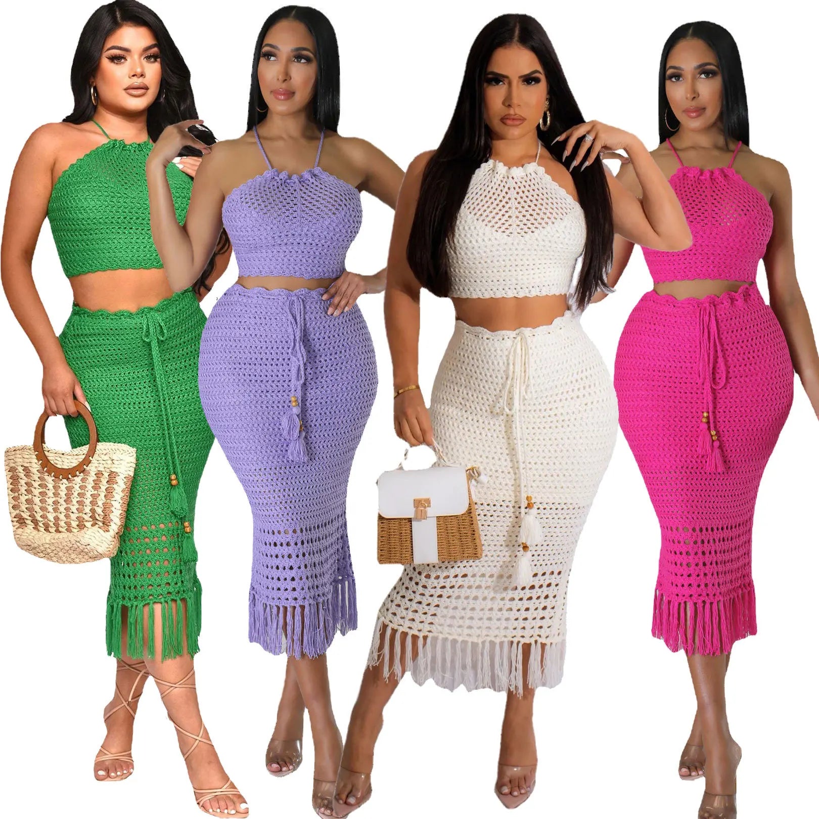 STOCK 4Colors High Neck Hollow Out Two Pieces Clothing Set Lace up Back Crochet Dress Beach CoverUp