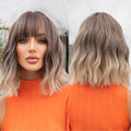 In-stock MOQ1 Light Brown Ombre Water Wavy Synthetic Heat Resistant Wigs Short Bob Wig with Bangs Natural Wavy Hairs