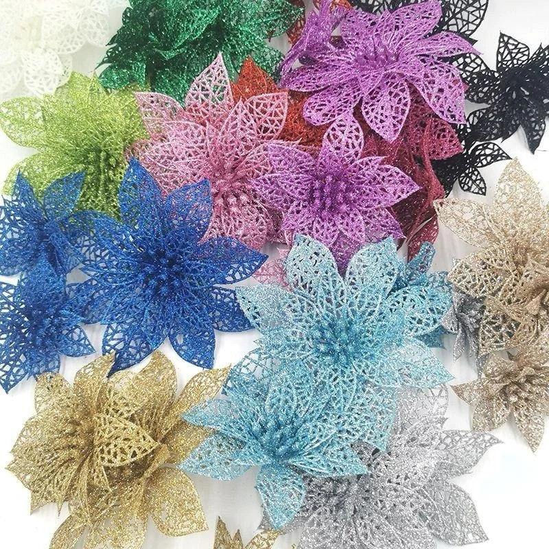 Artificial Christmas Flowers Glitter XMAS Hollow Out Flower for Tree Decorations Wedding Party Fireplace Stairs Decor