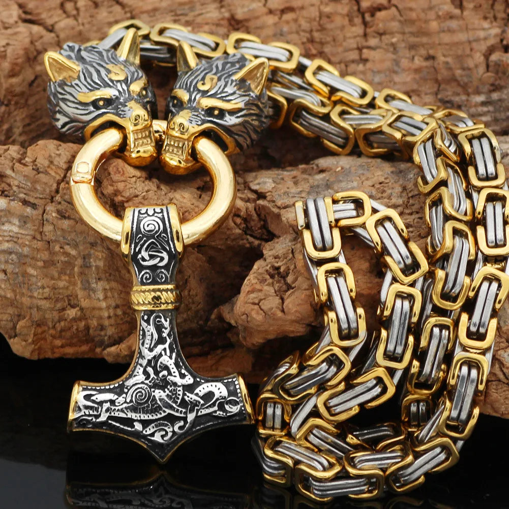 Men Nordic Celtic Wolf Men Necklace Viking Wolf Head Stainless Steel Pendant Necklace Rune Accessories Norse Amulet Jewelry