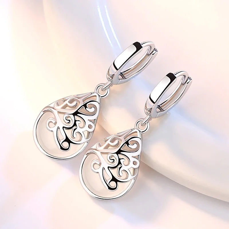 CAOSHI Charm Statement Water Drop White Pink Stone Drop Earrings Retro Pattern Girls Lady Women Silver Delicate Pear Earrings
