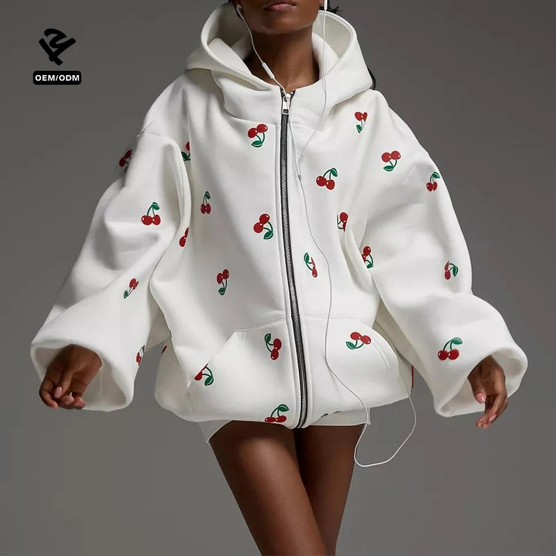 F240731 Y2k Cherry Print Zip up Hoodies Jacket Sweatshirt Cute Coat Jacket Trendy Streetwear Cardigan Winter Clothes for Women