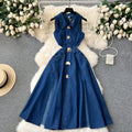 Vintage Slit Casual Midi Dress for Women Empire Hollow Out Denim Dress