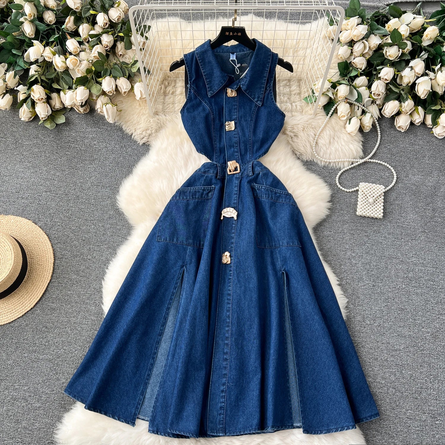 Vintage Slit Casual Midi Dress for Women Empire Hollow Out Denim Dress