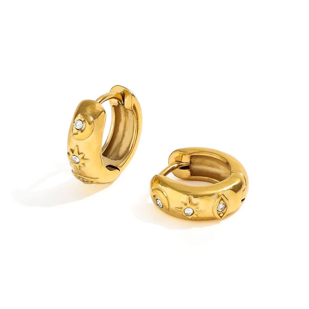 New Trendy Earring 18K Gold Plated Dainty CZ Moon Star Eye  Stainless Steel Hoop Earrings for Women