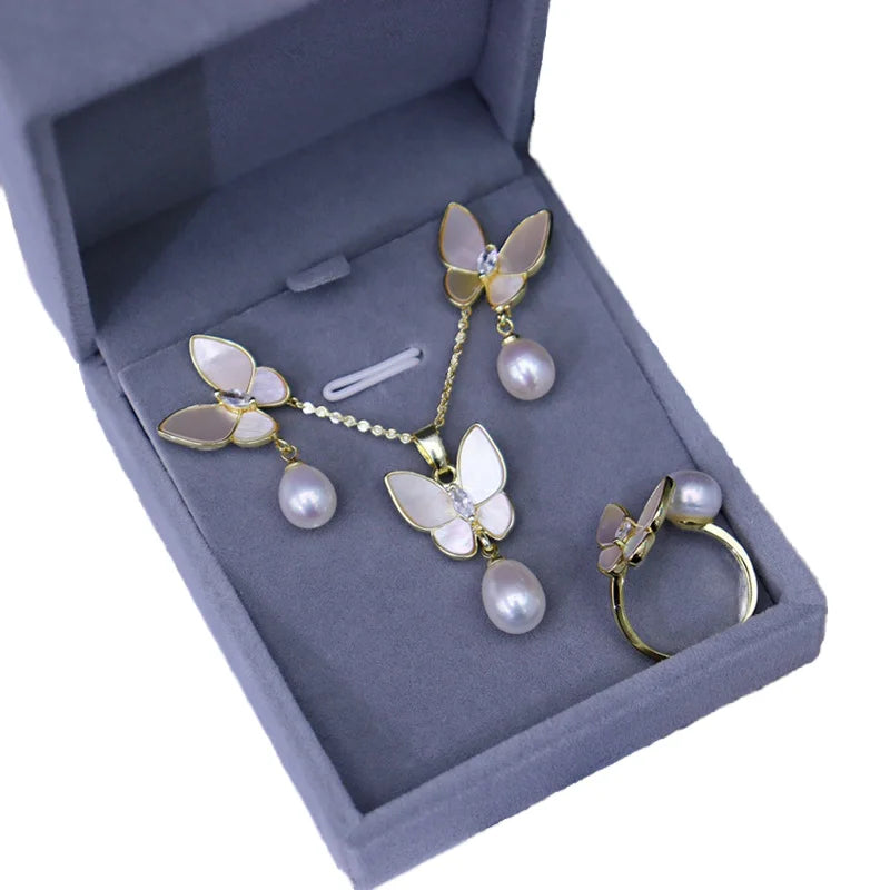 Fashion Design Sea Shell Butterfly Pearl Jewellery Set Natural Freshwater Pearl 18k Gold Plated Necklace Ring Earrings Set