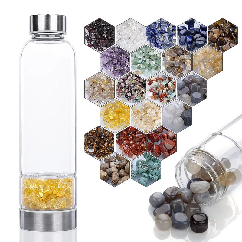 Custom Logo Natural Crystal Tumbler High Borosilicate Glass Bamboo Lid Gemstone Amethyst Crystal Elixir Water Bottle