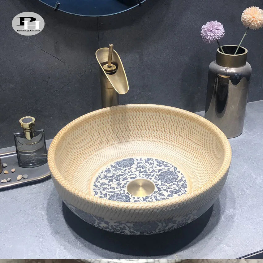 Traditional Chinese High Temperature Ceramic Porcelain Commercial Bathroom Hand Wash Basin Hand Curved Decal Design Easy Clean