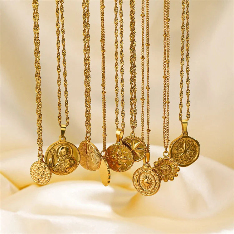 Wholesale No Fade Vintage Stainless Steel Fashion 18k Gold Plated Round Flower Shell Shaped Pendant Necklace