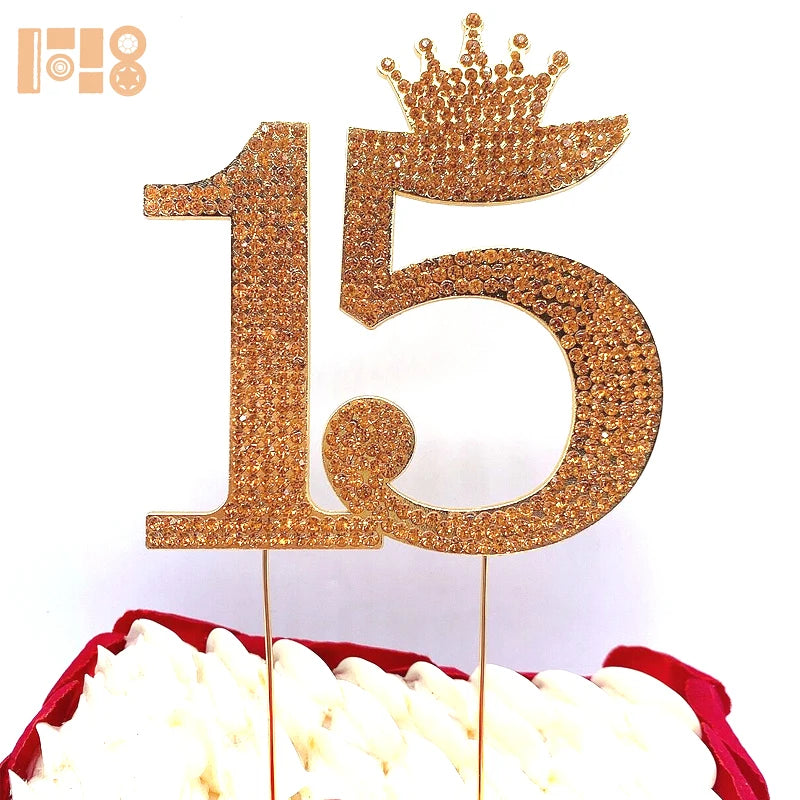 Number 15 Quinceanera Rhinestone Princess Crown Monogram Cake Topper - Sweet 15th Birthday Party